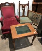 Four assorted items; an oak Arts & Crafts chair, a Victorian mahogany armchairs with red upholstery,
