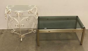 A vintage white metal demi wine glass top hall table and a smoked glass top coffee table (CWH Ref: