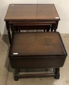 A mahogany glass top nest of three tables and an oak drop leaf spin top side table (CWH Ref: MA5)