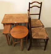 A teak nest of four tables and two oak bedroom chairs with plush seats