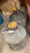 Two vintage ribbed galvanised motor oil cans with handles and BP Energol Caps,