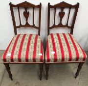 A pair of early 20th century mahogany chairs with inlay and striped fabric upholstery (CWH Ref: