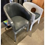 Grey painted woven armchair and a white painted wicker armchair with pad seat (CWH Ref: MA1)