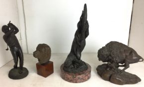 Four items - metal head of a retriever dog on wooden base 16cm high,