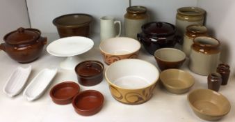 Twenty items mainly stoneware - two casseroles, Shelley white cakestand,