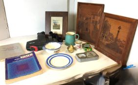 Twelve items - two Marquetry village scenes 30 x 27 and 35 x 25cm,