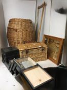 Five items - lidded wicker basket with carry handle 37 x 25 x 23cm,