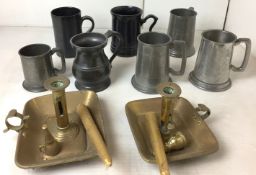 Nine items - five pewter tankards (only one engraved),