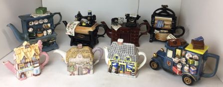 Eight ceramic novelty teapots - Leonardo, The George Pub, Weston House The Village Store,