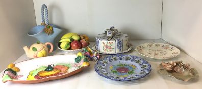 Nine ceramic items - bowl of fruit 27cm diameter, covered cake/cheese plate 34cm diameter,
