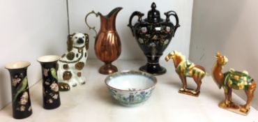 Eight items - black flower decorated Jackfield style samovar tea urn with brass tap 37cm high,