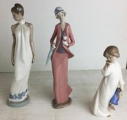 Three Nao by Lladro figurines - "Autumn Stroll" woman in pink suit with white kitten 30cm high,