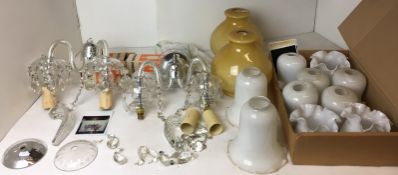 Fourteen items - two two-arm wall light sconces with curved glass arms and hanging drops,