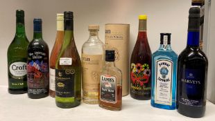 Seven various bottles of wines and spirits including 70cl Bombay Sapphire Dry London Gin,