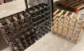 Four metal and wood sixteen bottle wine racks and a metal and wood thirty bottle wine rack (5) (CWH