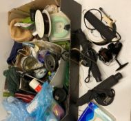 A Large quantity of assorted fishing accessories including assorted line, pole rest,