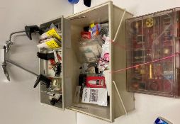 A fishing tackle box and contents including 2 x Veniard fly tying clamps and assorted fly making