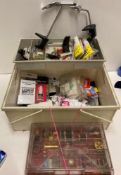 A fishing tackle box and contents including 2 x Veniard fly tying clamps and assorted fly making