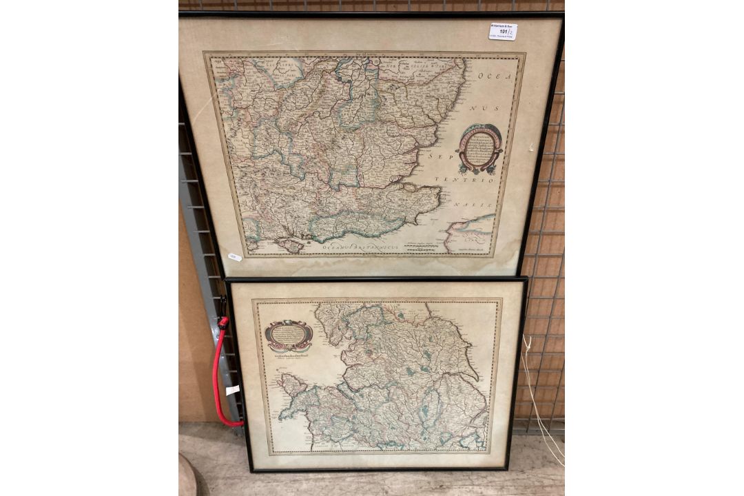 Two framed coloured maps in the antique style of 'The South Eastern Coast of England' and 'The - Image 1 of 5