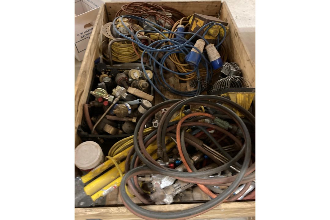 Contents to two pallet crates , a selection of welding hose and regulators, 100v extension reel, - Image 5 of 5