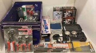 Contents to blue crate to include sharpening jigs, batteries, spray cans and guns, DIY vice,