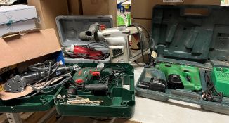 5 x items, a Bosch PSB 650 RE hammer drill in case, Nu Tool detail sander,