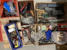 Contents to two pallets, wood handles, files, oil stones, reamers, spanners grinding discs,