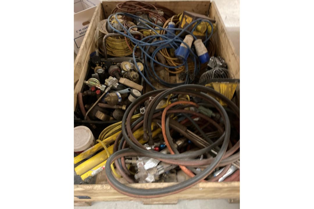Contents to two pallet crates , a selection of welding hose and regulators, 100v extension reel, - Image 3 of 5