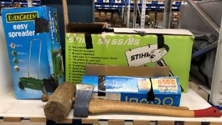 5 x items - a Stihl SH/85 petrol vacuum shredder (looks new) and boxed a Evergreen easy spreader,