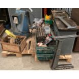 Contents to 2 pallets to include a pedestal for a metal grinder, Viceroy milling bed, lathe parts,