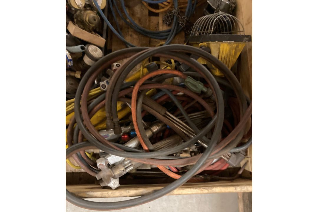 Contents to two pallet crates , a selection of welding hose and regulators, 100v extension reel, - Image 4 of 5