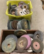Contents to two plastic crates and a wooden box - a large quantity of assorted bench grinding stone