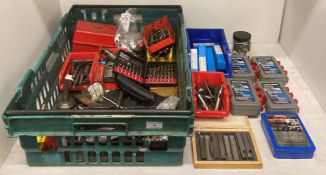 Contents to green crate - Workzone drill bit sets, reamers,flat tool bits, drill bits, nuts & bolts,