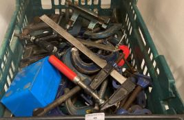 Contents to green crate - a quantity of G clamps, Sash clamp parts, F clamps,