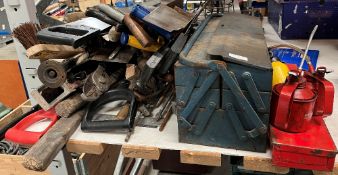 A quantity of tools to include spades, spirit level, wood saws, oil cans, trowels, loppers,