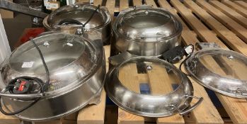 3 x round stainless steel roll-top chafing dishes/food warmers, all 240V,