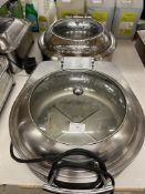 2 x round stainless steel roll-top chafing dishes/food warmers with glass windows,