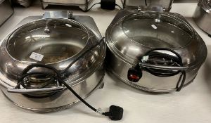 2 x round stainless steel roll-top chafing dishes/food warmers with glass windows,