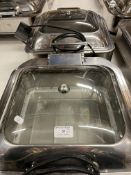 2 x square stainless steel roll-top chafing dishes/food warmers with glass windows,