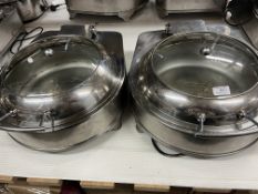 2 x round stainless steel roll-top chafing dishes/food warmers with glass windows,