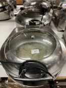 2 x round stainless steel roll-top chafing dishes/food warmers with glass windows,