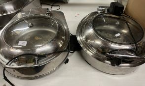 2 x round stainless steel roll-top chafing dishes/food warmers with glass windows,