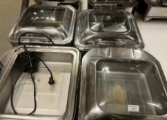 4 x square stainless steel roll-top chafing dishes/food warmers: one without a power lead,