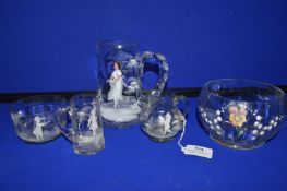 5x Victorian Mary Gregory Painted Glass Jugs and Bowls