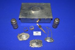 Arts & Crafts Cigarette Box and Contents, EPN Spirit Labels, Casters, etc.