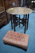 Indian Carved Folding Table with Brass Top, plus Footstool