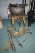 Victorian Brass Footman Coal Bucket and Assorted Fireside Implements