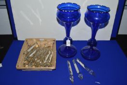 Pair of Continental Blue Glass Table Centrepieces with a Basket of Lustre Drops