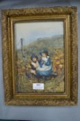 Small Gilt Framed Watercolour of Two Girls in the Moorland Signed Doyle