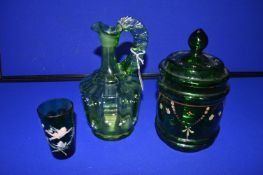 3x Victorian Green Glass Jars etc. Including Mary Gregory